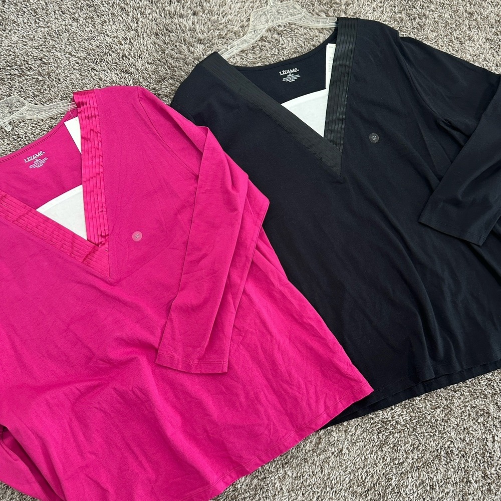 Lot of 2 Liz‎ & Me Womens 1X Top Pink Black V-Neck Tunic Cotton Long Sleeve NEW